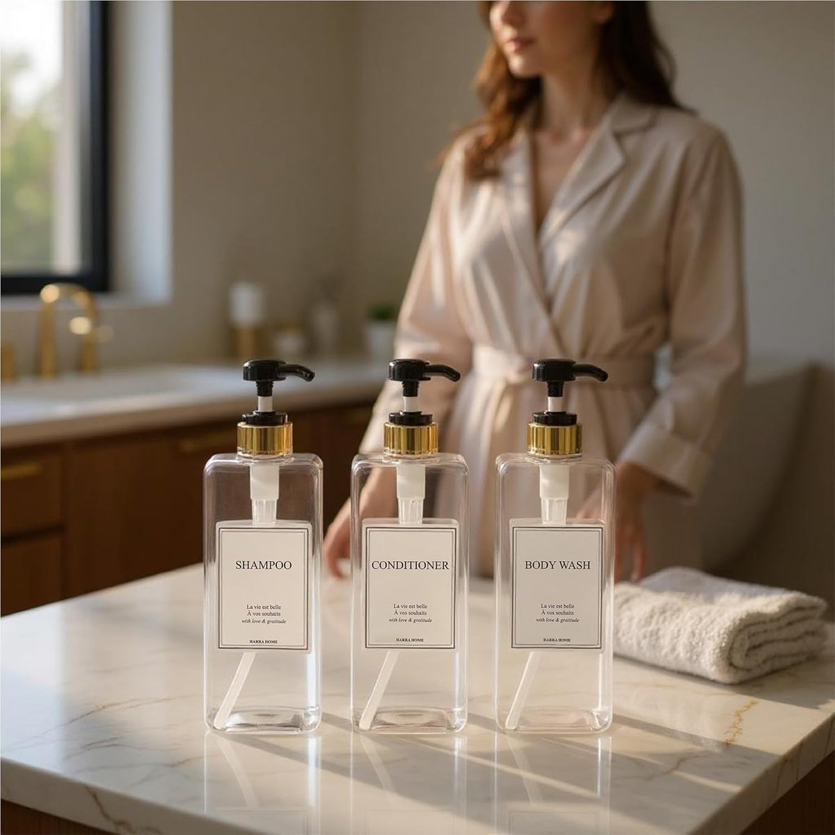 Modern Gold Design Large 27 oz Shampoo and Conditioner Dispensers - Empty Plastic Refillable Pump