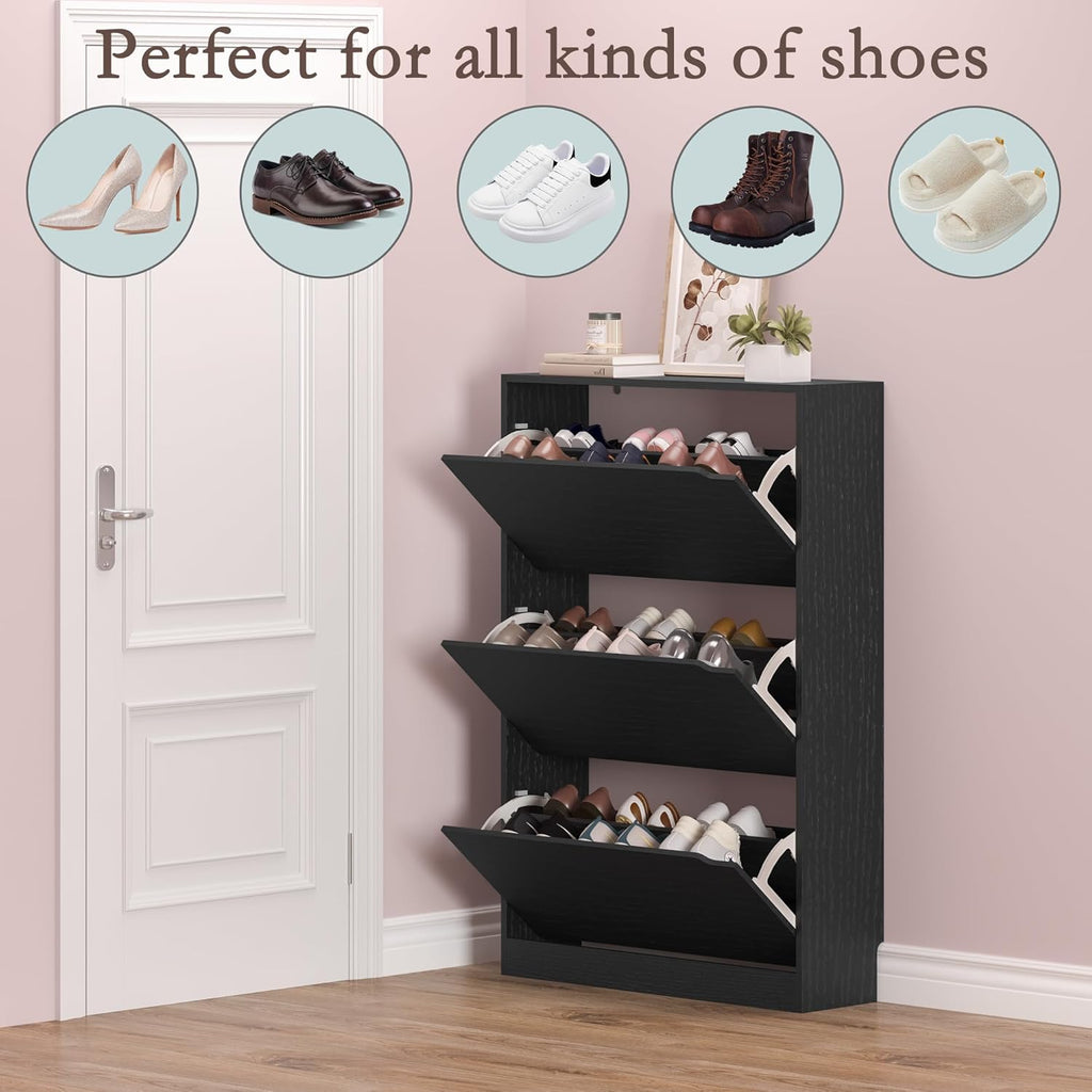 Shoe Storage Cabinet with 3 Flip Drawers,Narrow Shoe Rack Cabinet,Freestanding Organizer Storage