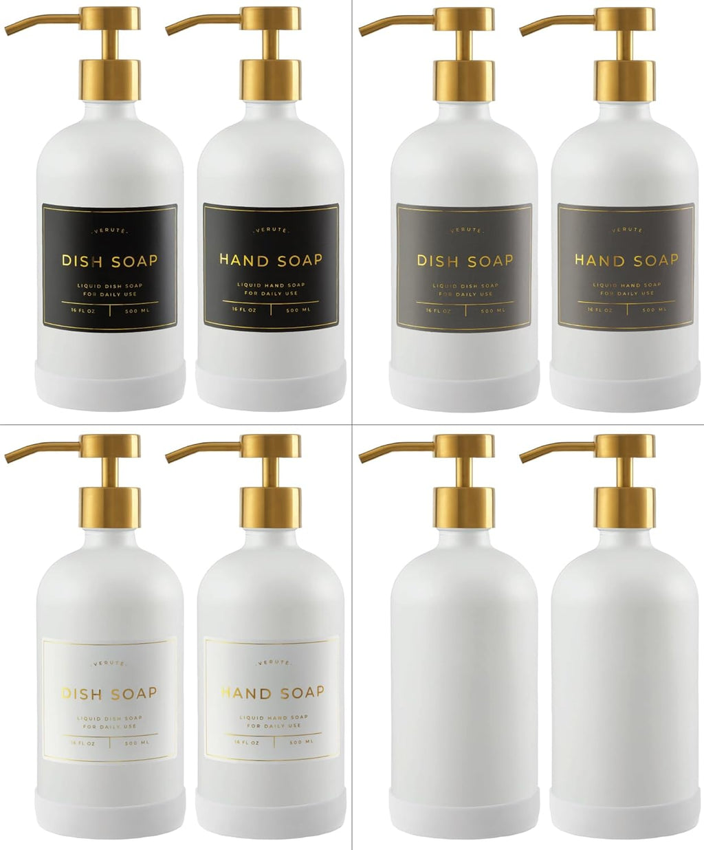 16oz Glass Soap Dispenser with Stainless Steel Pump, 21 Waterproof Labels, Non-Slip Protective