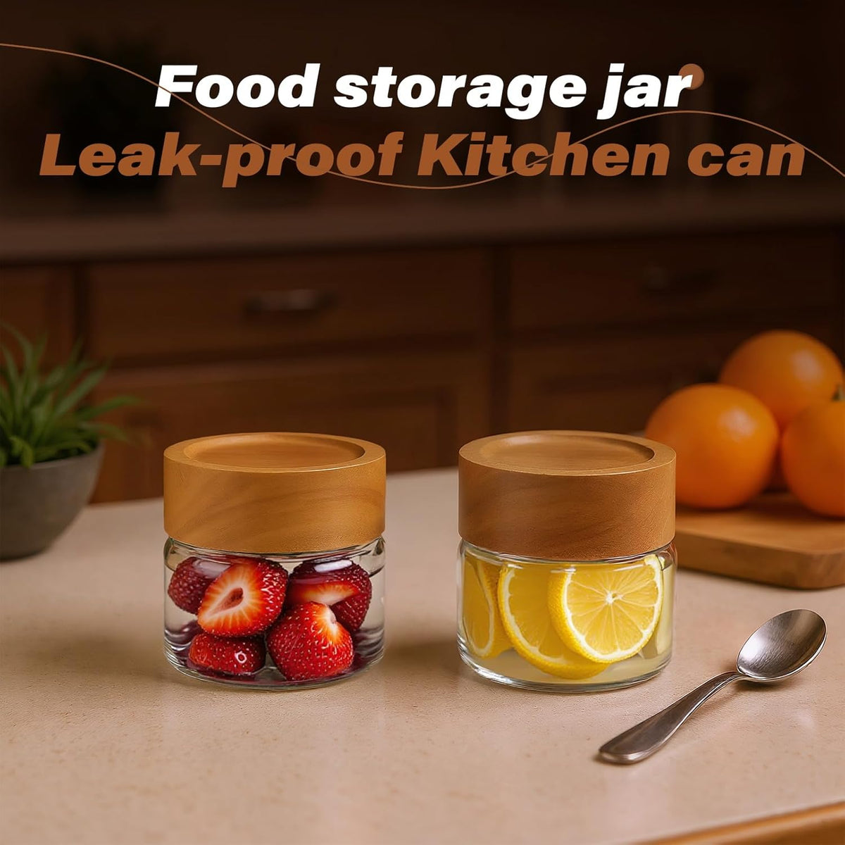 2-Pack 4 oz Leakproof Mason Jars with Airtight Acacia Wood Lids - Small Glass Food Storage