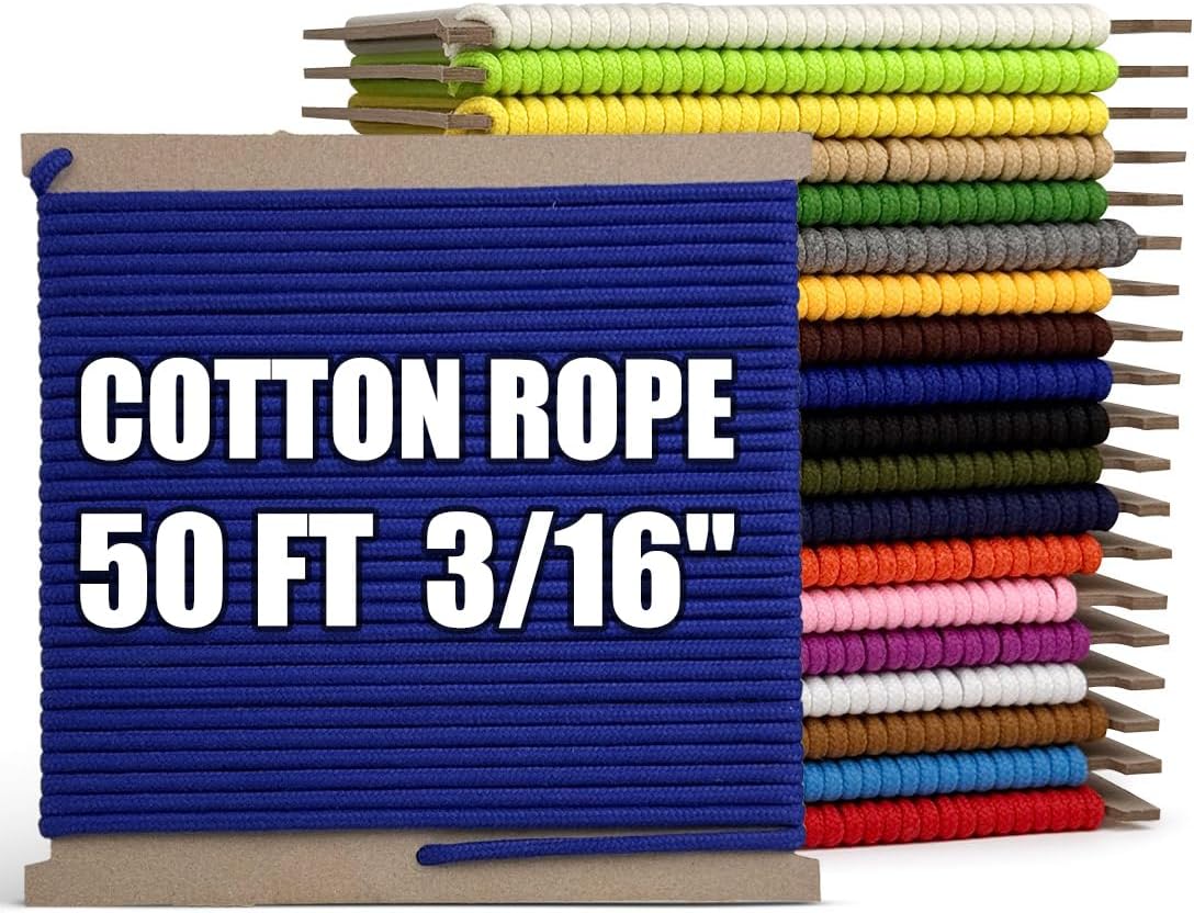 PerkHomy 500lb Cotton Rope 3/16" (5mm) 50 ft Multi Purpose Utility Diamond Braided Cord, Natural