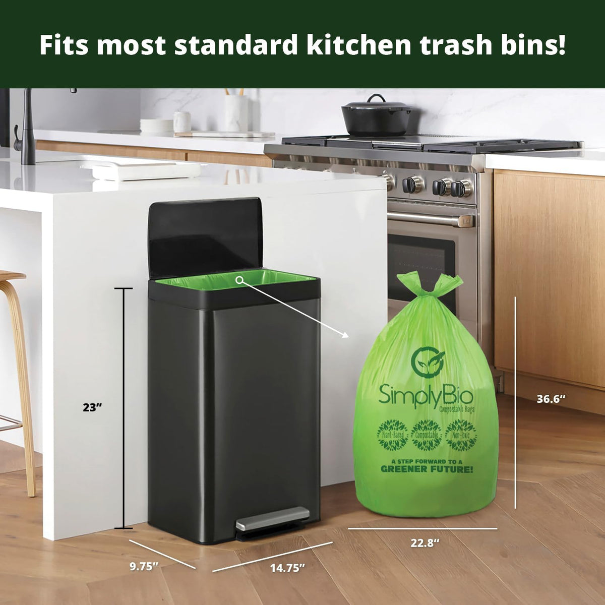Simply Bio 13 Gallon Compostable Trash Bags Liners with Handle-Tie, Thick 0.87 Mil, 49.21 Liter, 30
