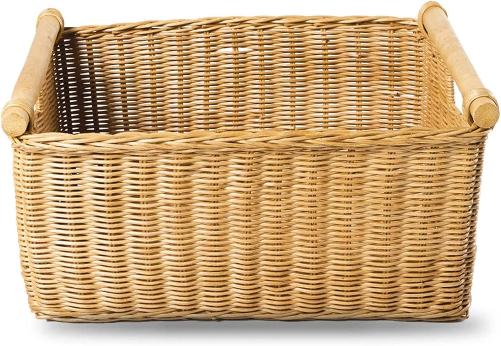 The Basket Lady Pole Handle Wicker Storage Basket, Small, 14 in L x 10 in W x 7.5 in H, Sandstone