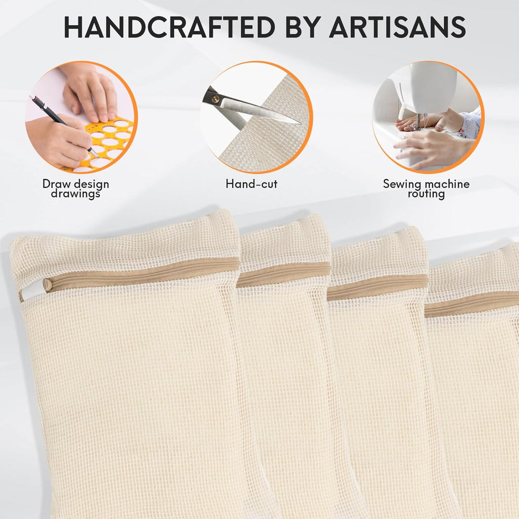 4 Piece Small, Durable Organic Cotton Mesh Laundry Bag with Strong Zipper and Breathable Mesh