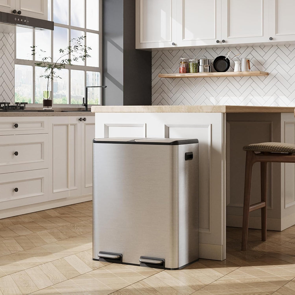 WLIVE 2 x 8 Gallon / 2 x 30 Liter Dual Trash Can, Stainless Steel Double Compartment Classified