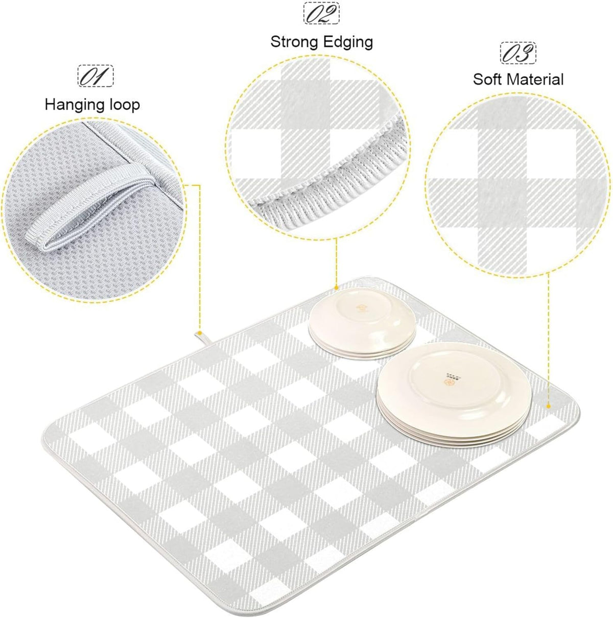 Buffalo Plaid Gray White Dish Drying Mat for Kitchen Countertop 16x18 Chessboard Rectangle Small