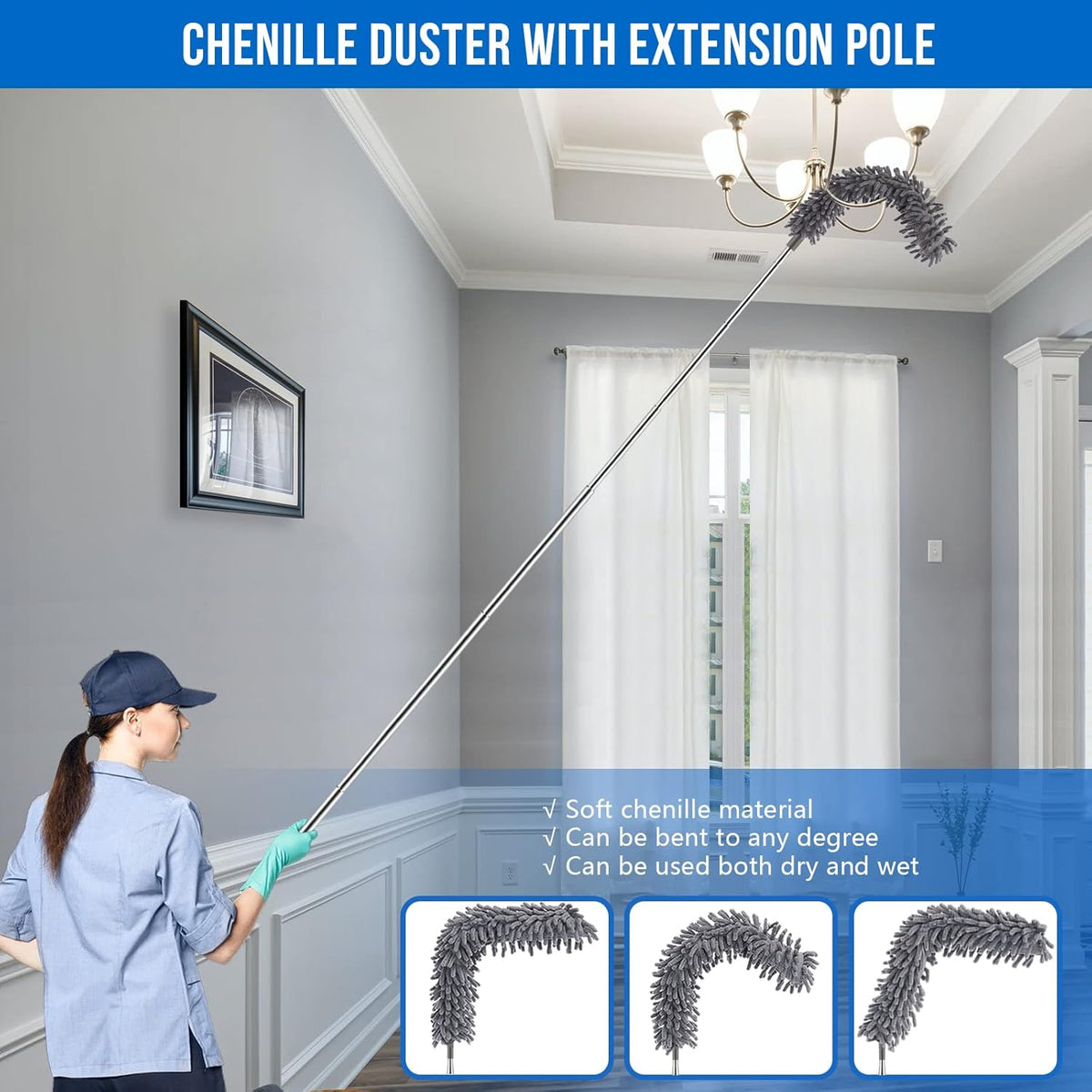 Microfiber Feather Duster Kit with Extension Pole (30–100") – Bendable Washable Heads, Extendable