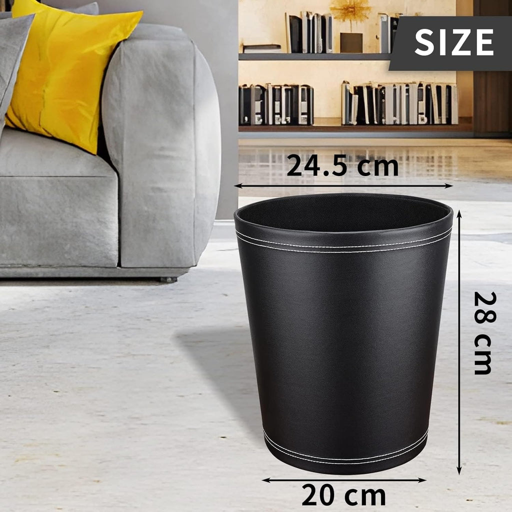 Pu Leather Trash Can, 2.6 Gallon Black Bathroom Trash Can, Small Office Garbage Can Wastebasket for