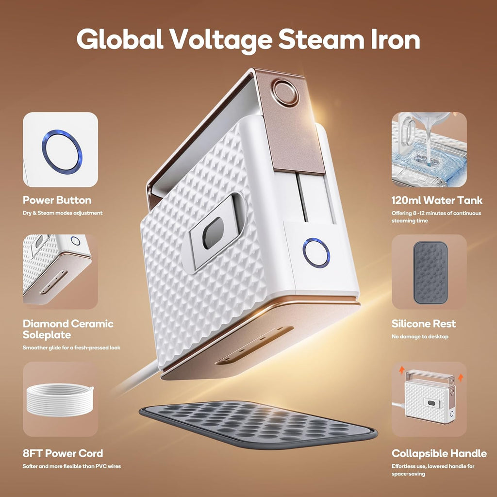 Newbealer Travel Steam Iron for Clothes, Global Voltage 100-240V Handheld Steamer, 293℉ Dry