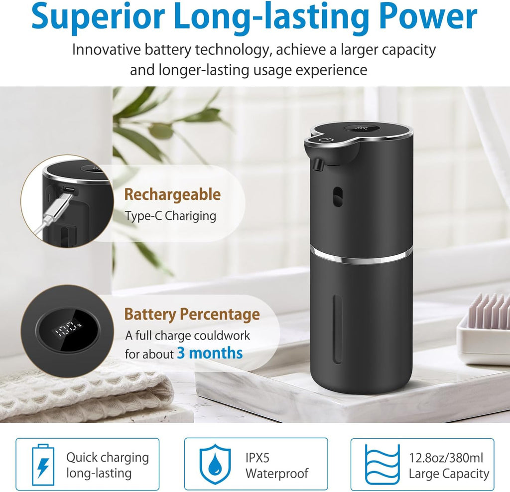 Automatic Foaming Soap Dispenser 12.8oz, Rechargeable & 6 Levels Foaming Adjustable with Digital