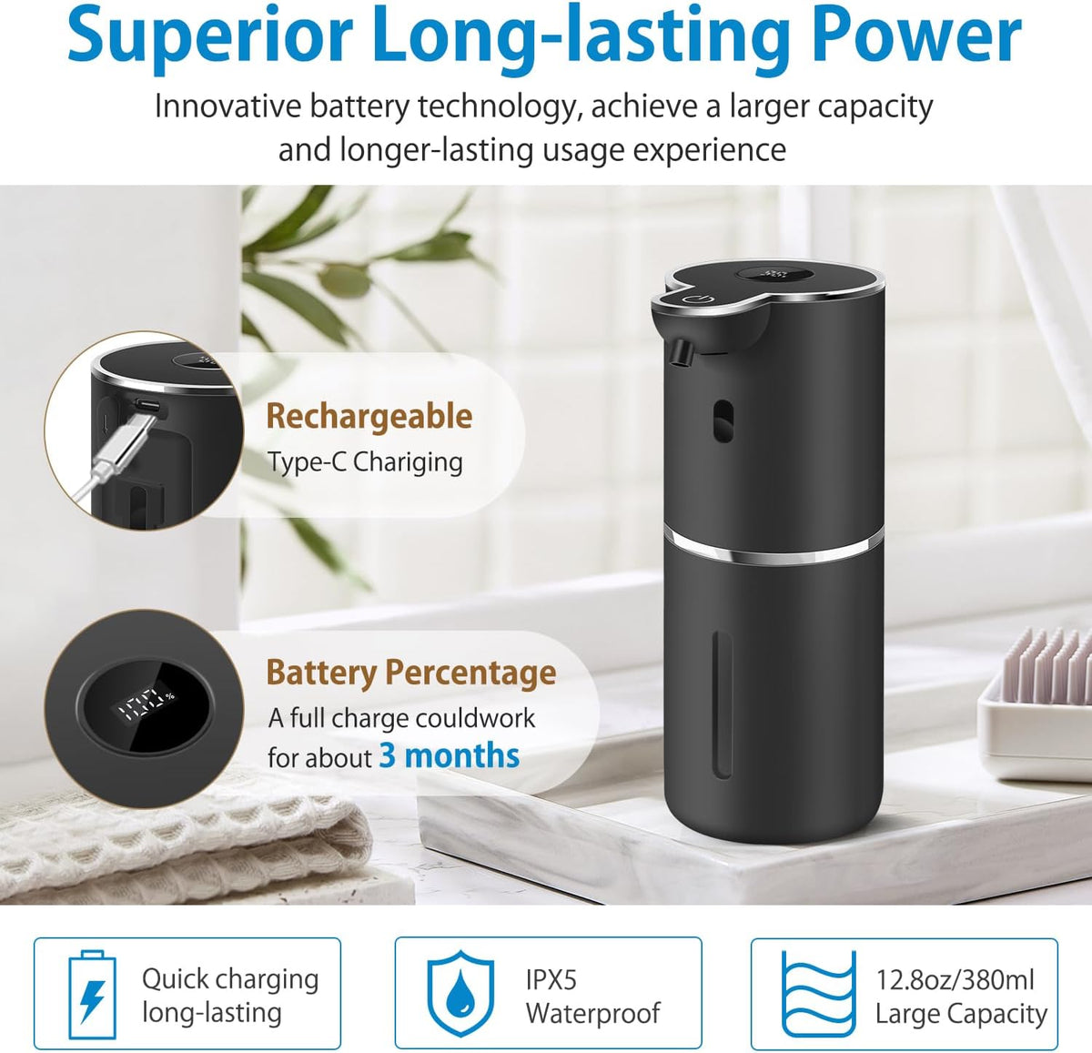 Automatic Foaming Soap Dispenser 12.8oz, Rechargeable & 6 Levels Foaming Adjustable with Digital