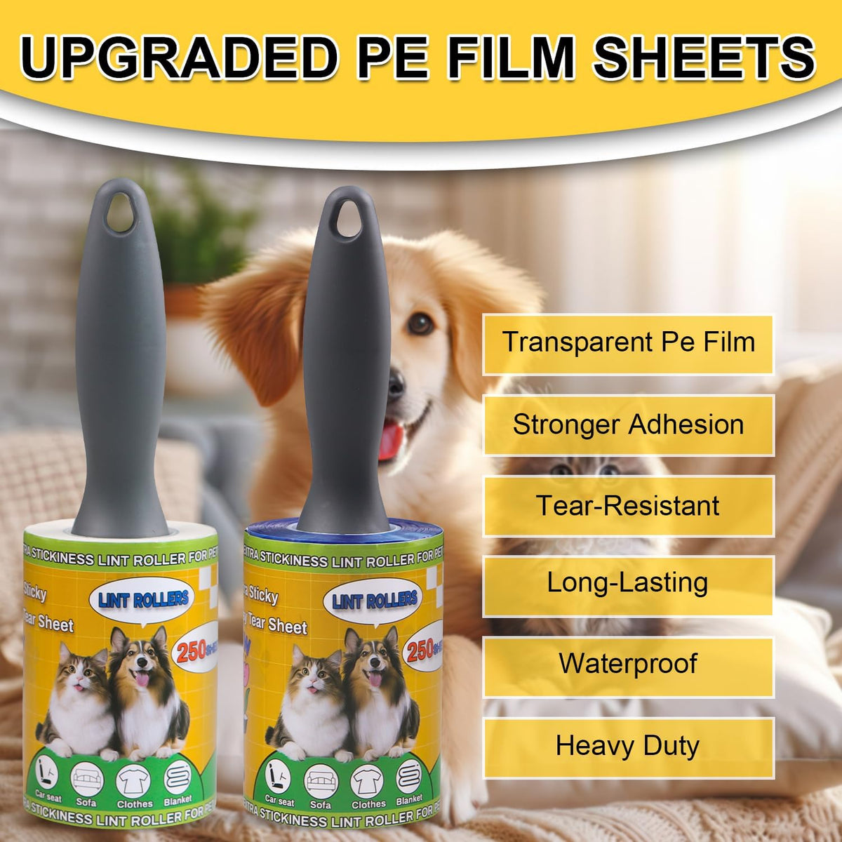 Extra Sticky Lint Rollers for Pet Hair, 250 Sheets, Lint Remover for Dog Cat Hair Removal, Animal