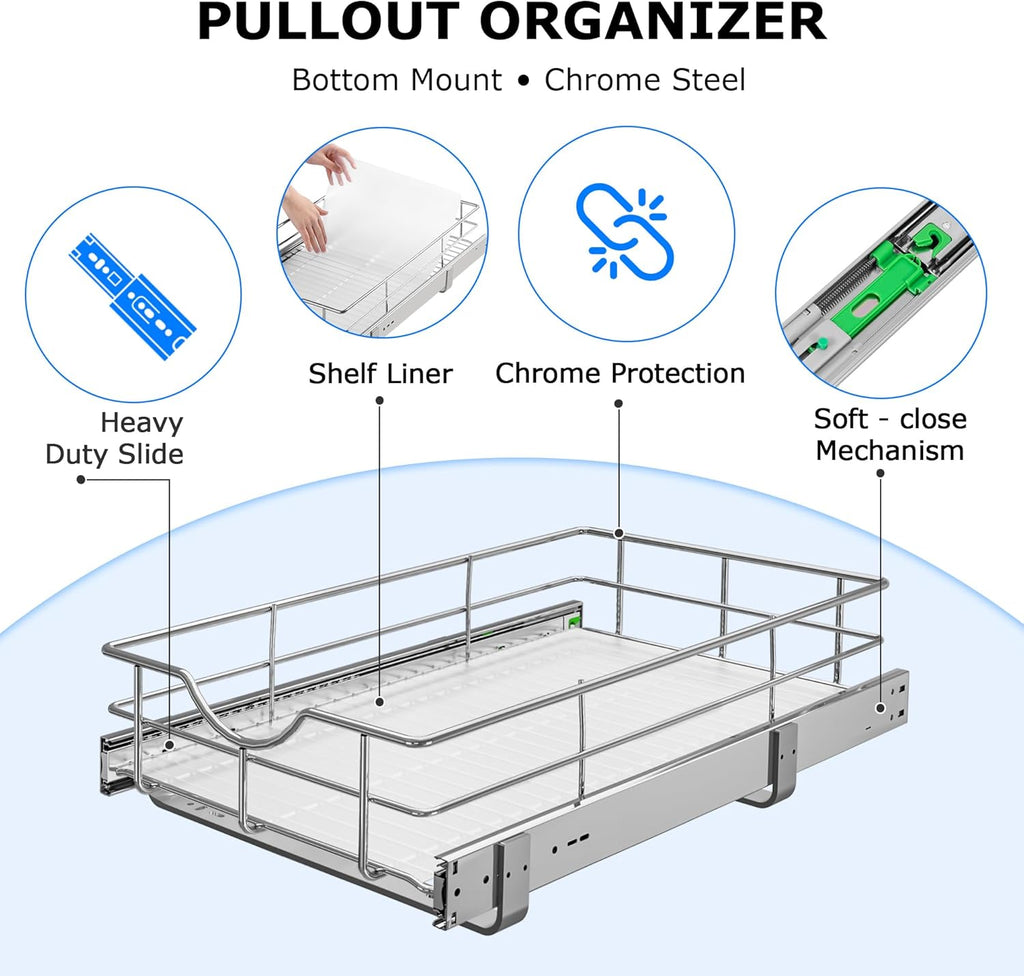 WelFurGeer Soft Close Slide Out Cabinet Shelf, 14" W x 22" D Pull Out Drawers for Kitchen Cabinets