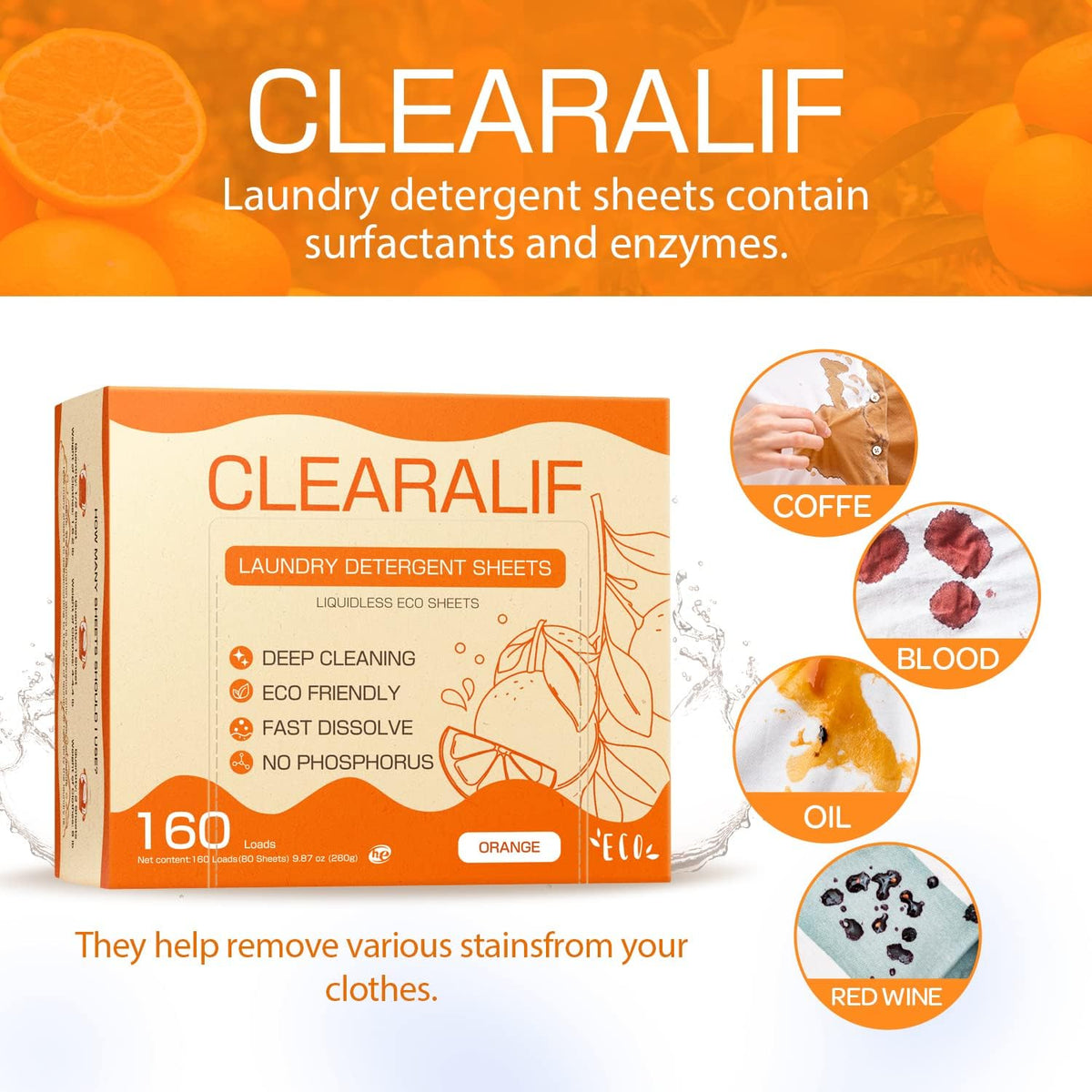 CLEARALIF Laundry Detergent Sheets (320 Loads), Orange,Great For Travel,Apartments, Dorms,CLEARALIF