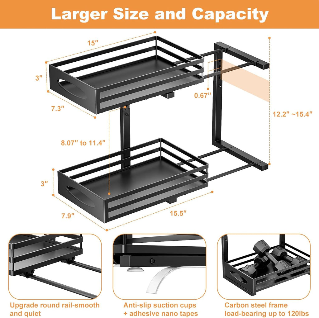 Under Sink Organizer, 2 Tier Under Sink Organizers and Storage, Adjustable Height, Slide out Metal