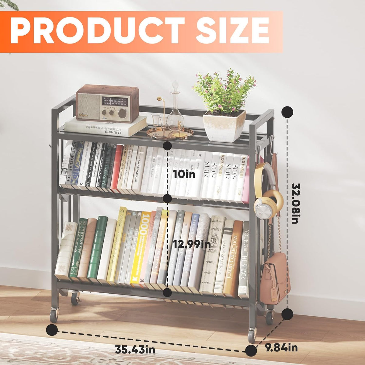 Book Carts 3 Tier 35.4x32x9.84 in Rolling Book Cart Large Capacity Bookshelf Storage Rack Mobile