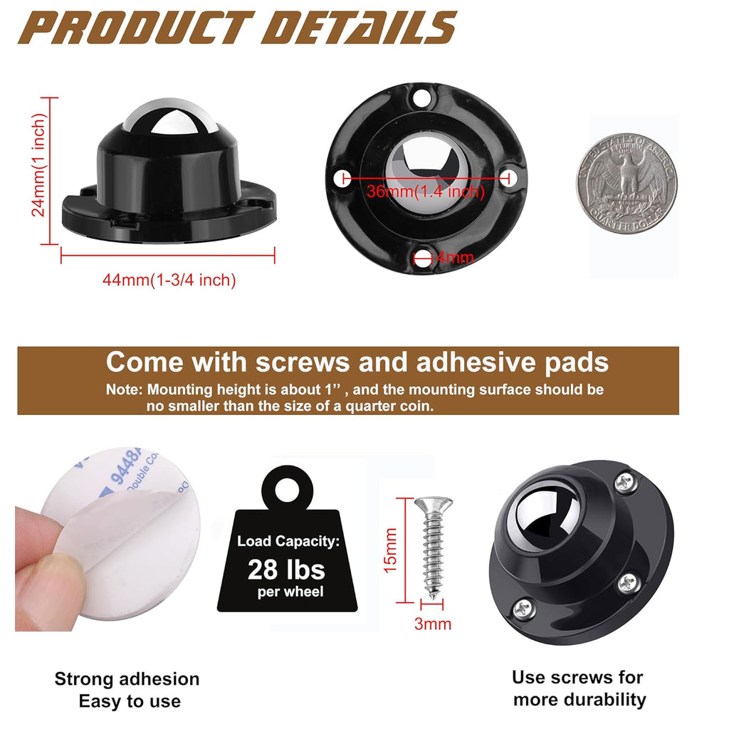 PlusRoc 12 Pack Self Adhesive Caster Wheels 1 Inch for Furniture Mop Bucket, Load Capacity 28LBS