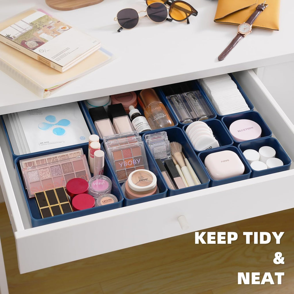 11-Piece Stackable Drawer Organizer Set, Multi-size Desk Drawer Organizer Trays Vanity Storage Bins