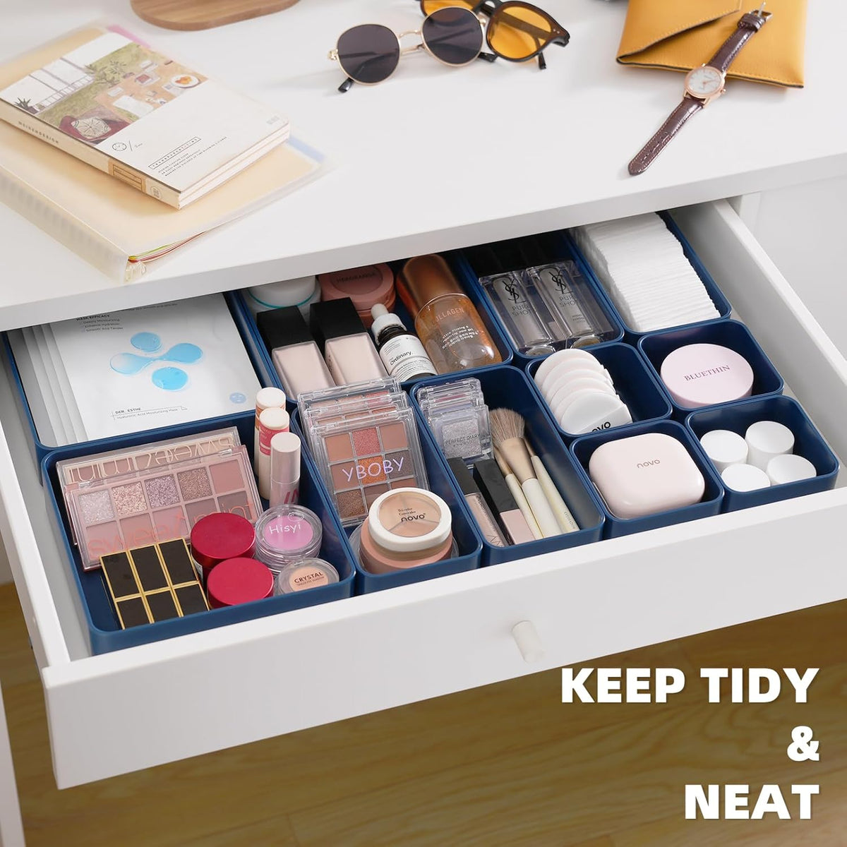 11-Piece Stackable Drawer Organizer Set, Multi-size Desk Drawer Organizer Trays Vanity Storage Bins