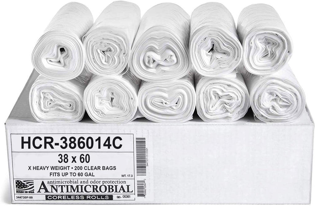 Aluf Plastics High Density Trash Bags, 60 Gallon, 200 Count, 14 Micron (eq), 38" x 60", Clear, for