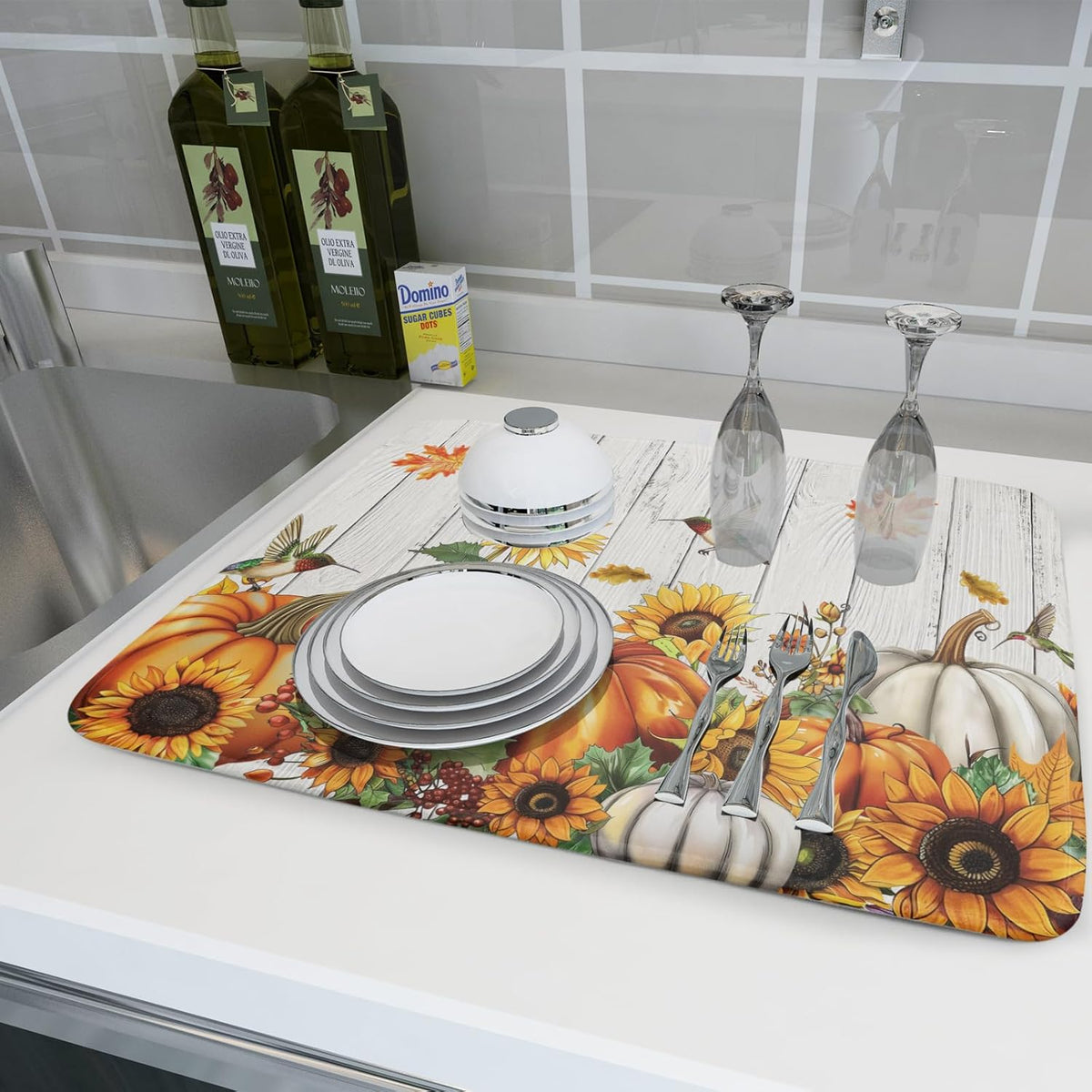 Fall Sunflower Maple Leaves Dish Drying Mat for Kitchen Counter Autumn Harvest Pumpkin Dish Drying