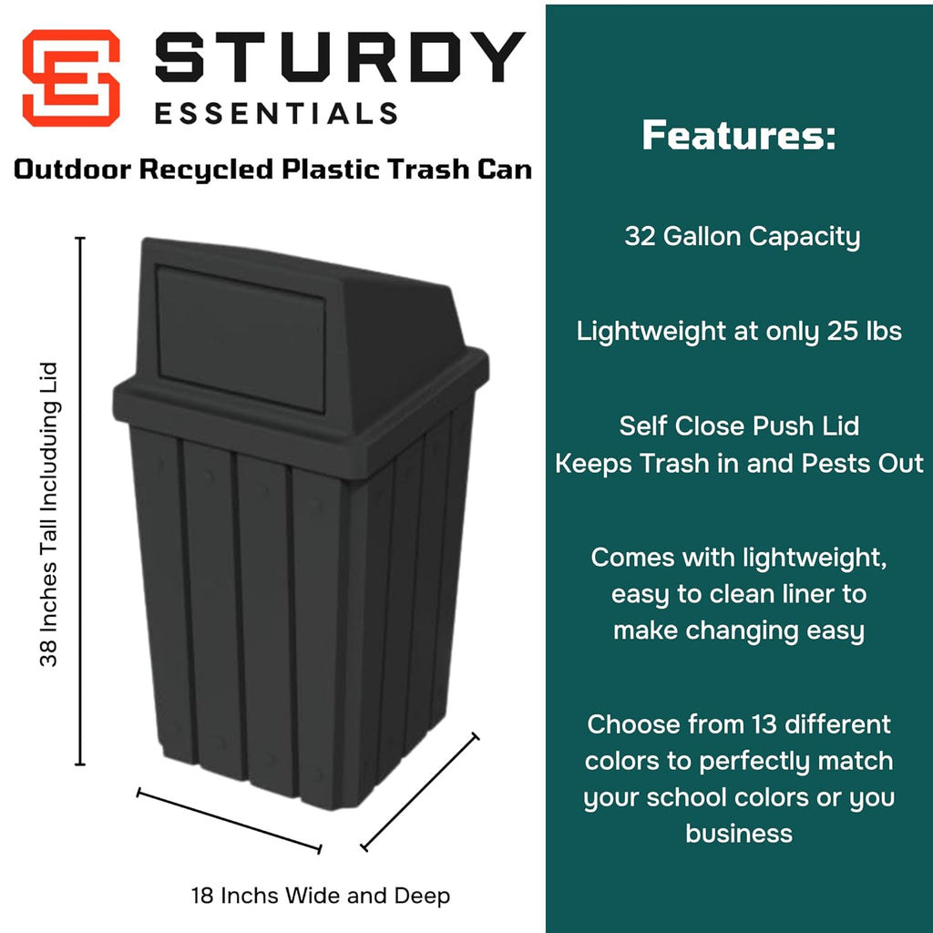 32 Gallon Square Slatted 100% Recycled Plastic Heavy-Duty Commercial Outdoor or Indoor Trash Can