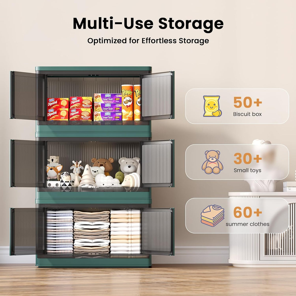 19Gal Collapsible Storage Bins with Lids & Wheels - 1 Pack Stackable with Doors, Heavy-Duty Plastic