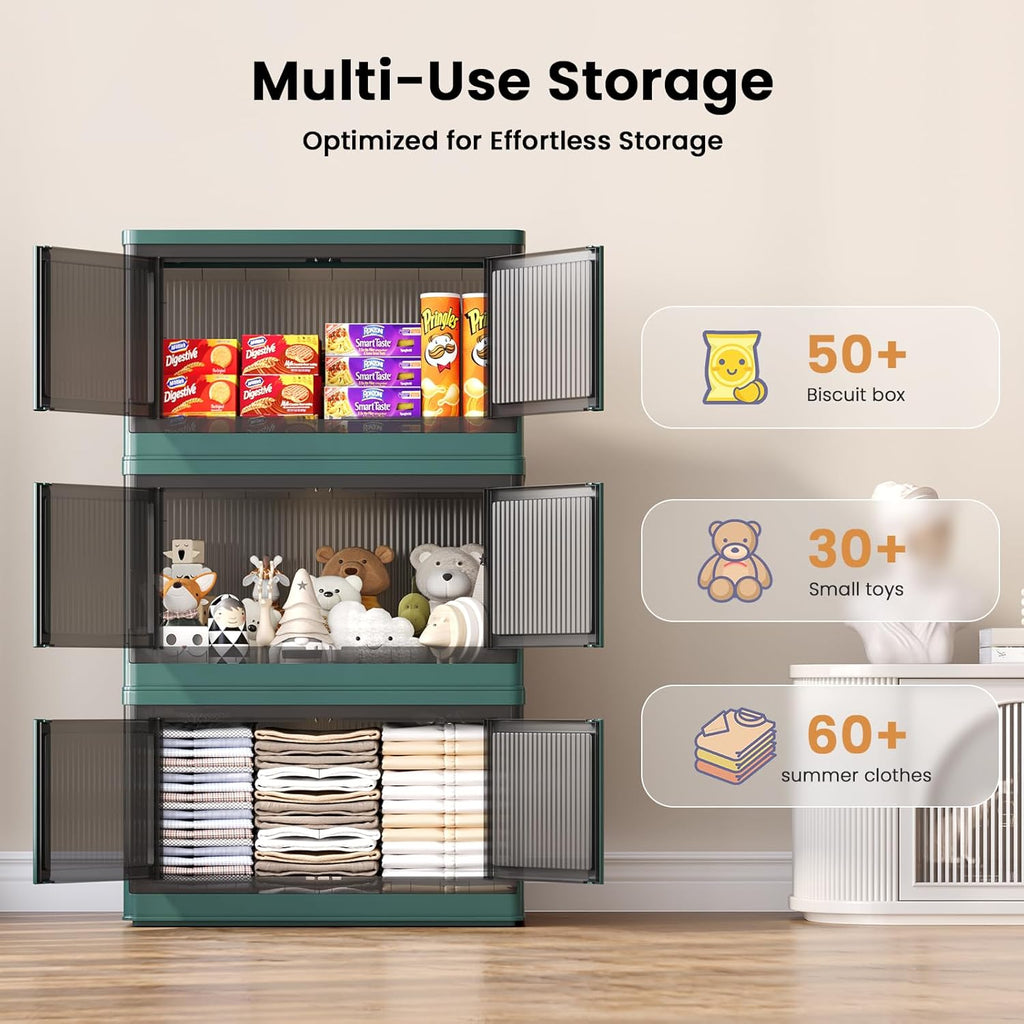 19Gal Collapsible Storage Bins with Lids & Wheels - 3 Pack Stackable with Doors, Heavy-Duty Plastic