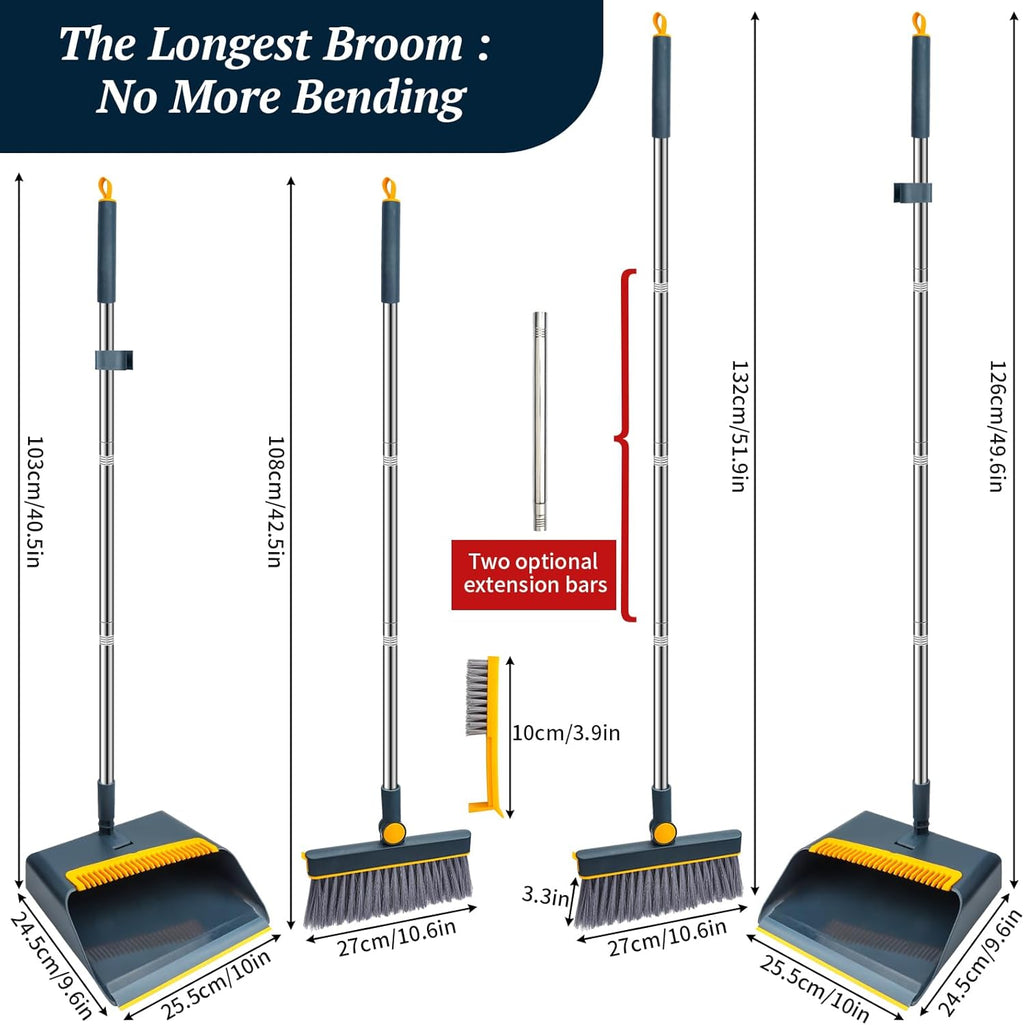 Long-Handled Broom and Dustpan Set, Windproof Broom Combination, 180-degree Rotating Brush Head