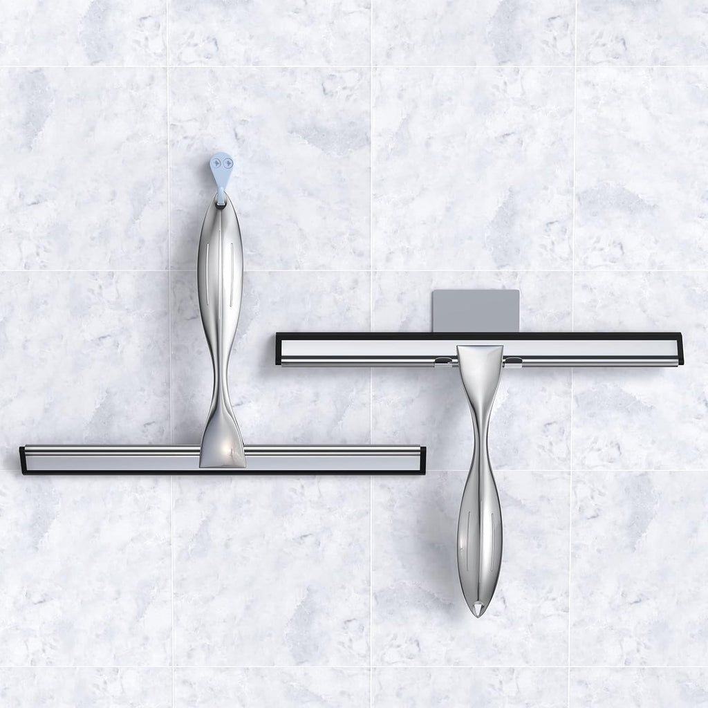14-Inches Stainless Steel Shower Squeegee Set, Include Shower Door Hook, Adhesive Hook and Spare