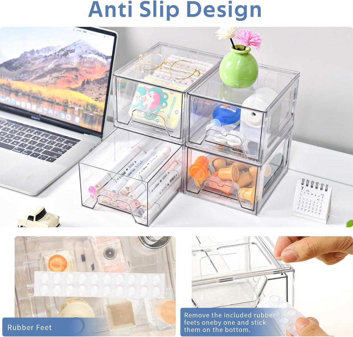 Plastic Drawers Storage, 4 Pack Clear Stackable Storage Drawers, Acrylic Storage Bins with Drawers