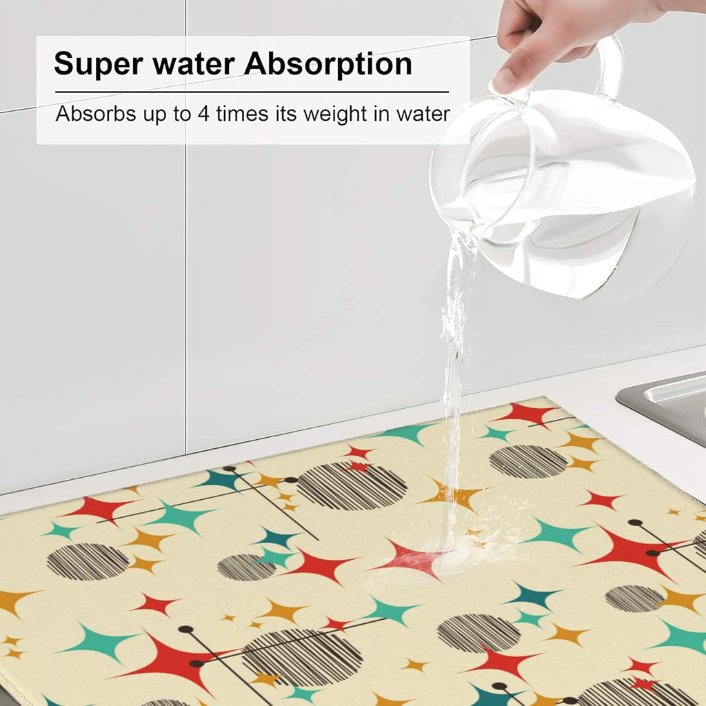 Mid Century Modern Atomic Retro Dish Drying Mat for Kitchen Counter Washable Absorbent Drying Mat