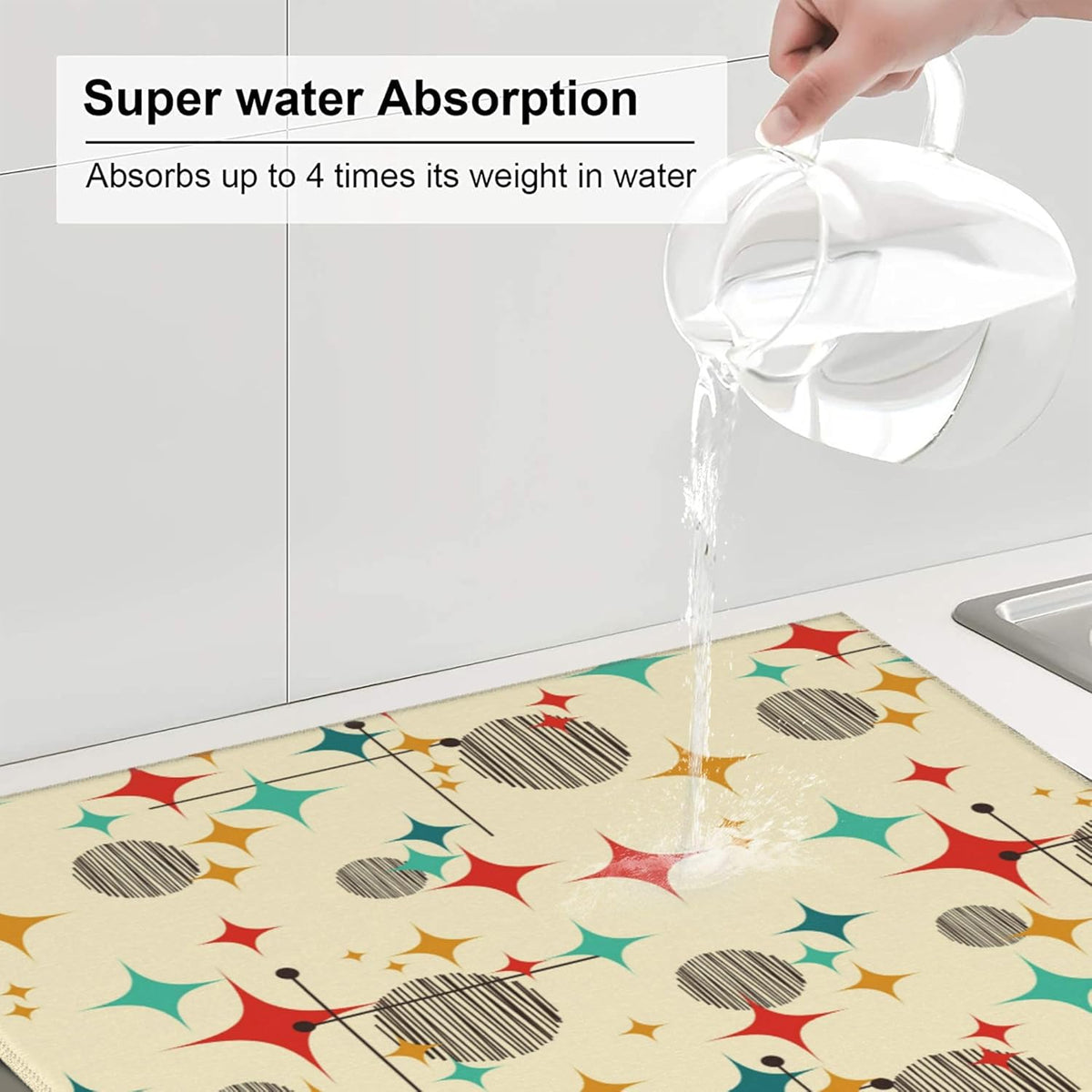 Mid Century Modern Atomic Retro Dish Drying Mat for Kitchen Counter Washable Absorbent Drying Mat