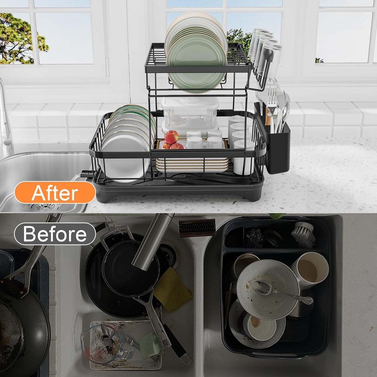 Dish Drying Rack Two-Tier Drying Rack with Utensil Holder, Auto-Draining Dish Rack for Kitchen