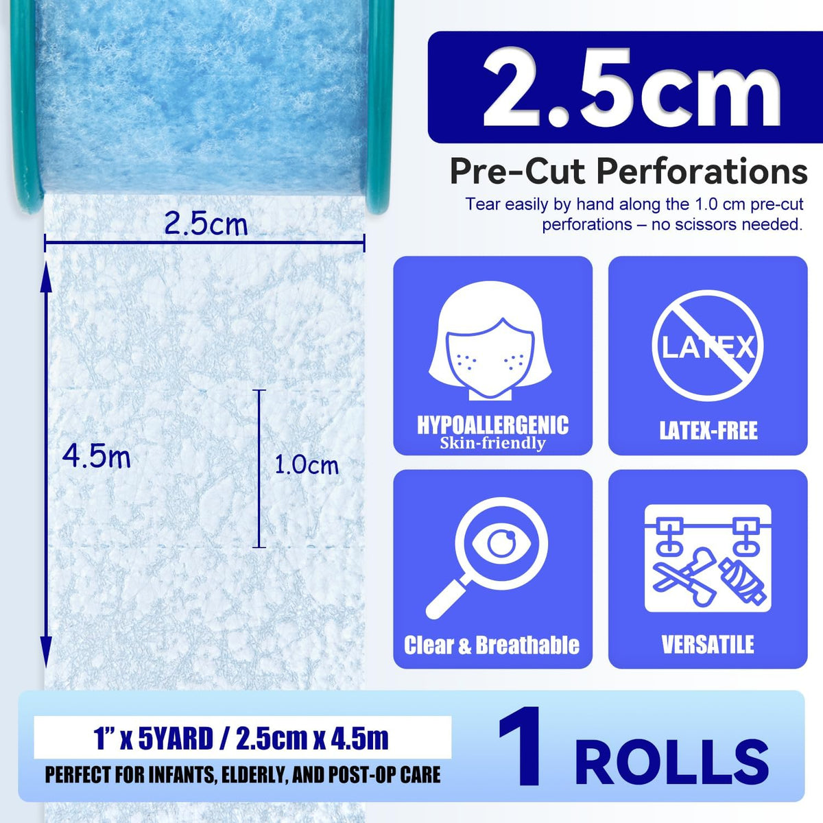 FRESINIDER Silicone Medical Tape – 1" x 5 Yard Blue 4 Rolls, Pre-Cut, Waterproof & Repositionable