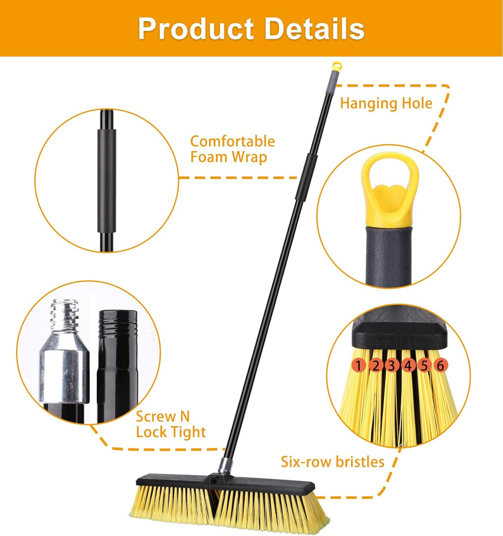 18 Inches Push Broom Outdoor- Heavy Duty Broom with 63" Long Handle for Deck Driveway Garage Yard
