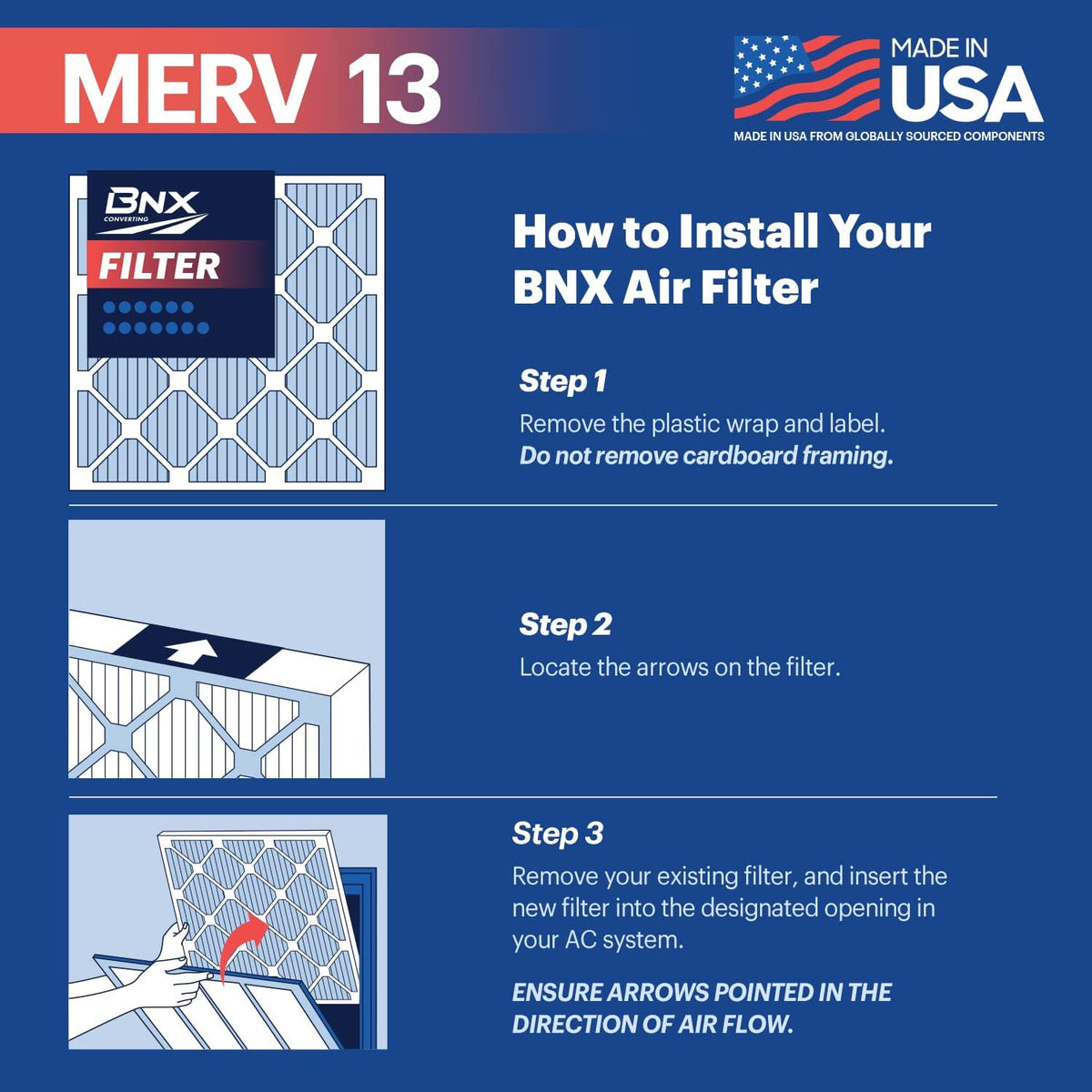 BNX TruFilter 14x20x1 Air Filter MERV 13 (4-Pack) - MADE IN USA - Electrostatic Pleated Air