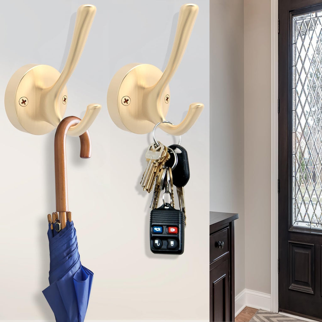 Gold Coat Hooks for Wall, 3 Pack Towel Hook Heavy Duty Metal Double Bath Robe Hook Wall Mount, Hat