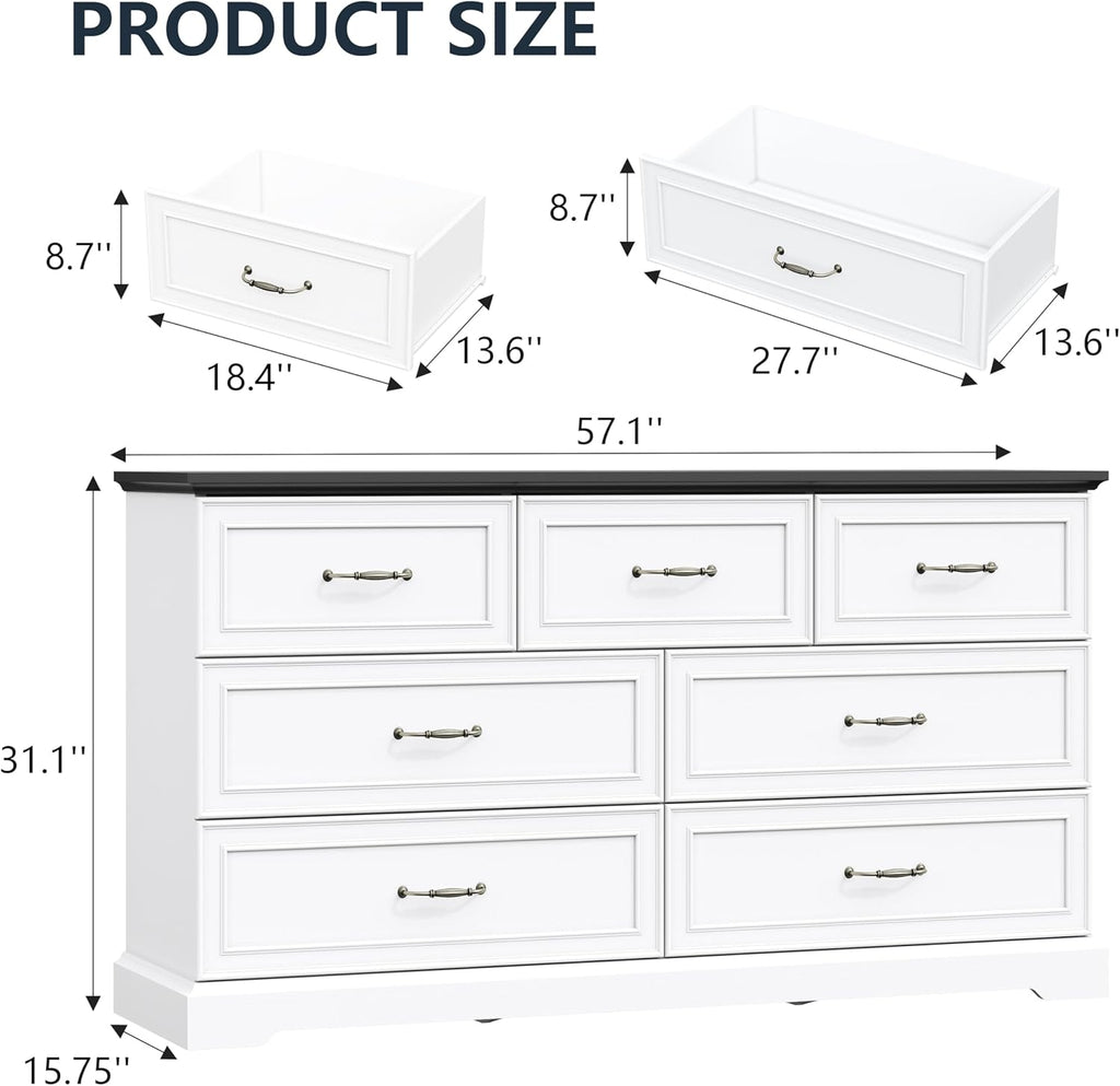 7 Drawer Dresser for Bedroom, 57" Wide Wooden Chest of Drawers, Rustic Farmhouse Dresser with Large