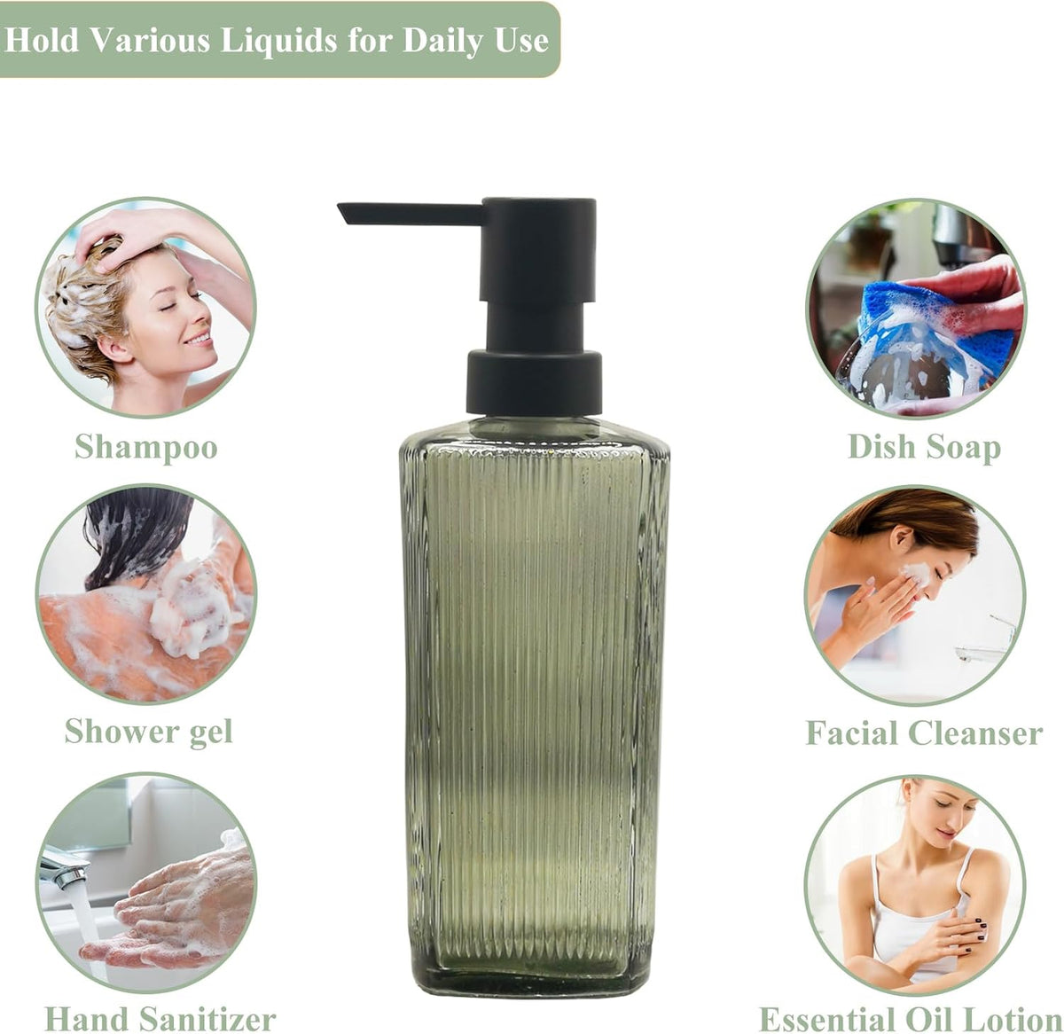 Green Glass Soap Dispenser with Black Pump, 12oz Refillable Liquid Hand Dispenser, Lotion Dish Soap