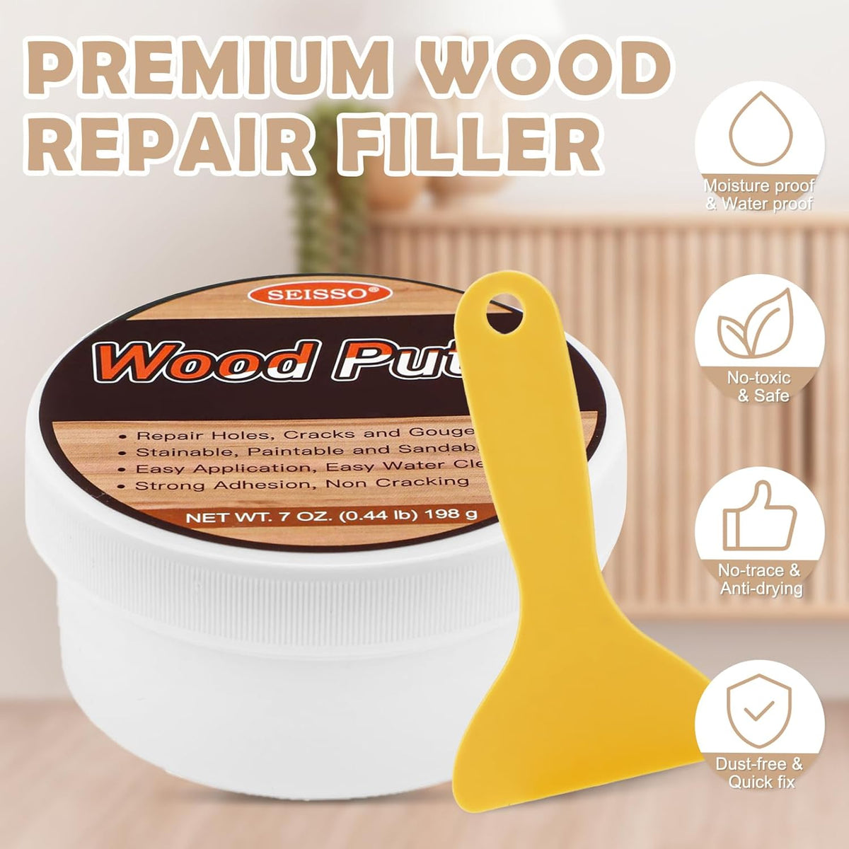 SEISSO Wood Putty, White Oak Wood Filler Paintable, Wood Putty Outdoor Waterproof, Wood Repair