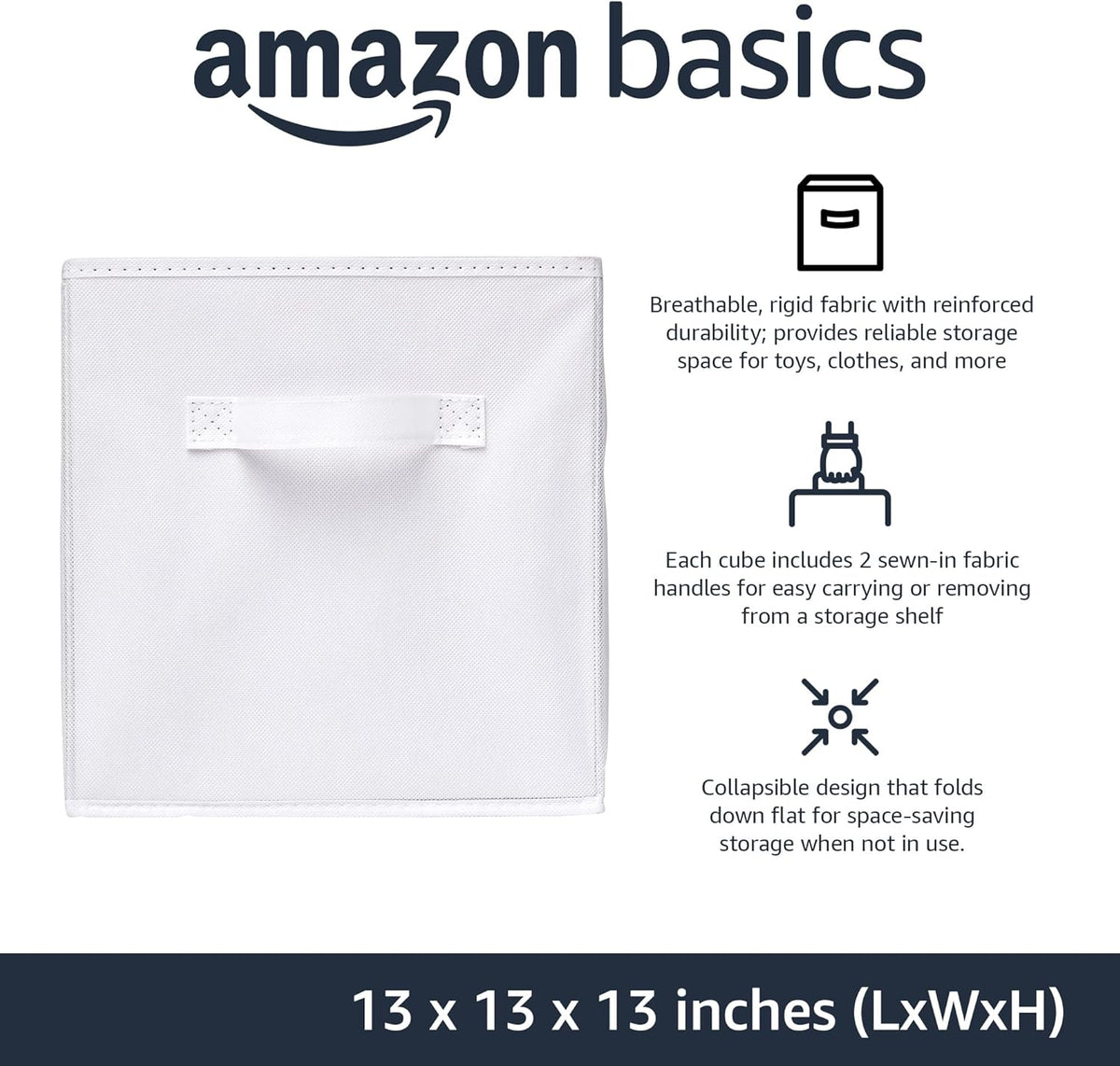 Amazon Basics Cube Organizer Storage Bins Handles, Collapsible Fabric, Pack of 6, 13"x13"x13", White