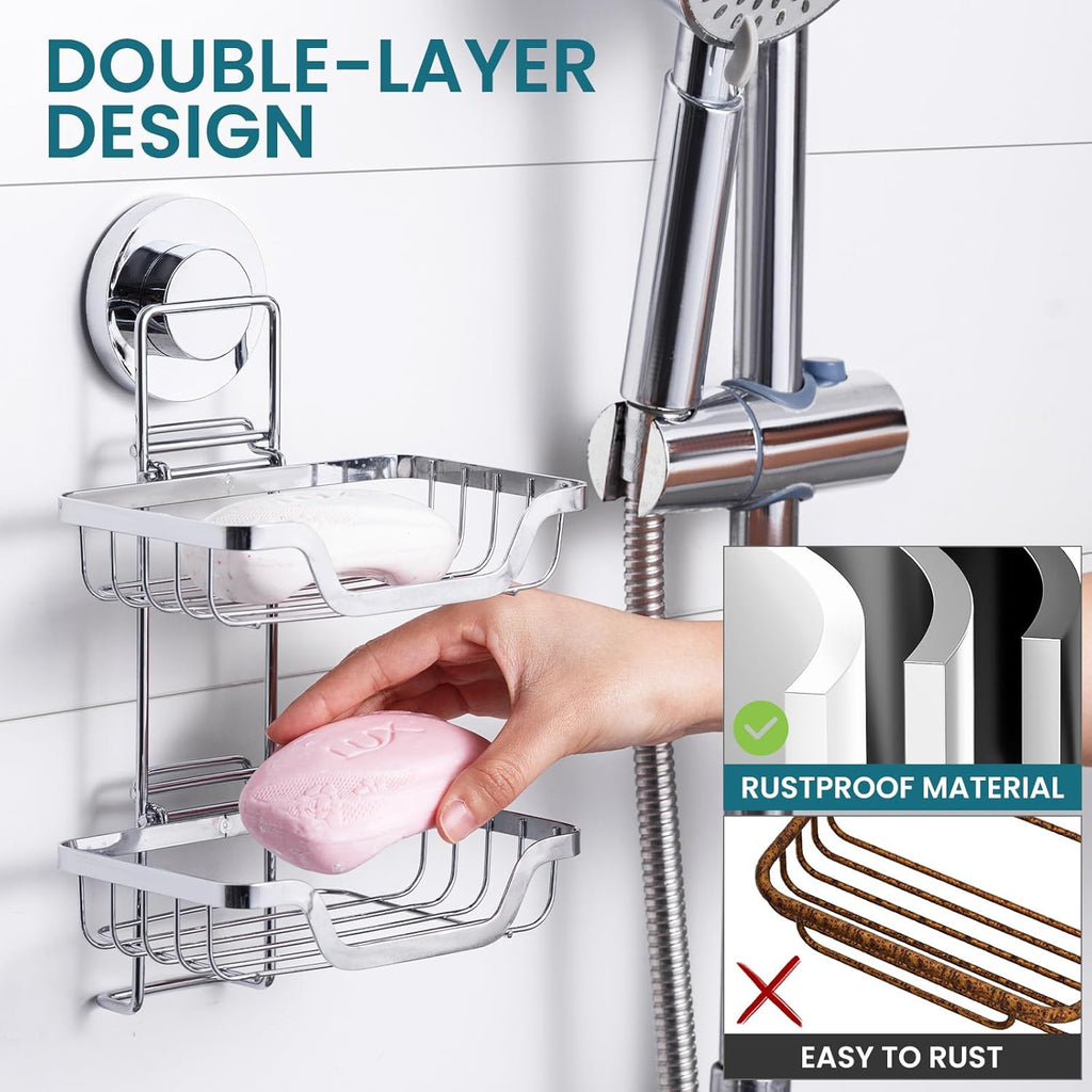 TAILI Double Layer Soap Dish Holder, Bar Soap Tray Suction Cup for Shower Wall, Draining for