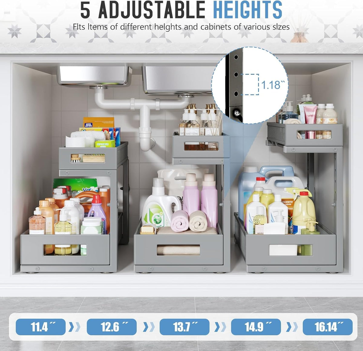 2 Pack 17IN Depth Under Sink Storage Organizer, Large 2-Tier Elegant Mesh Pull Out Shelf for
