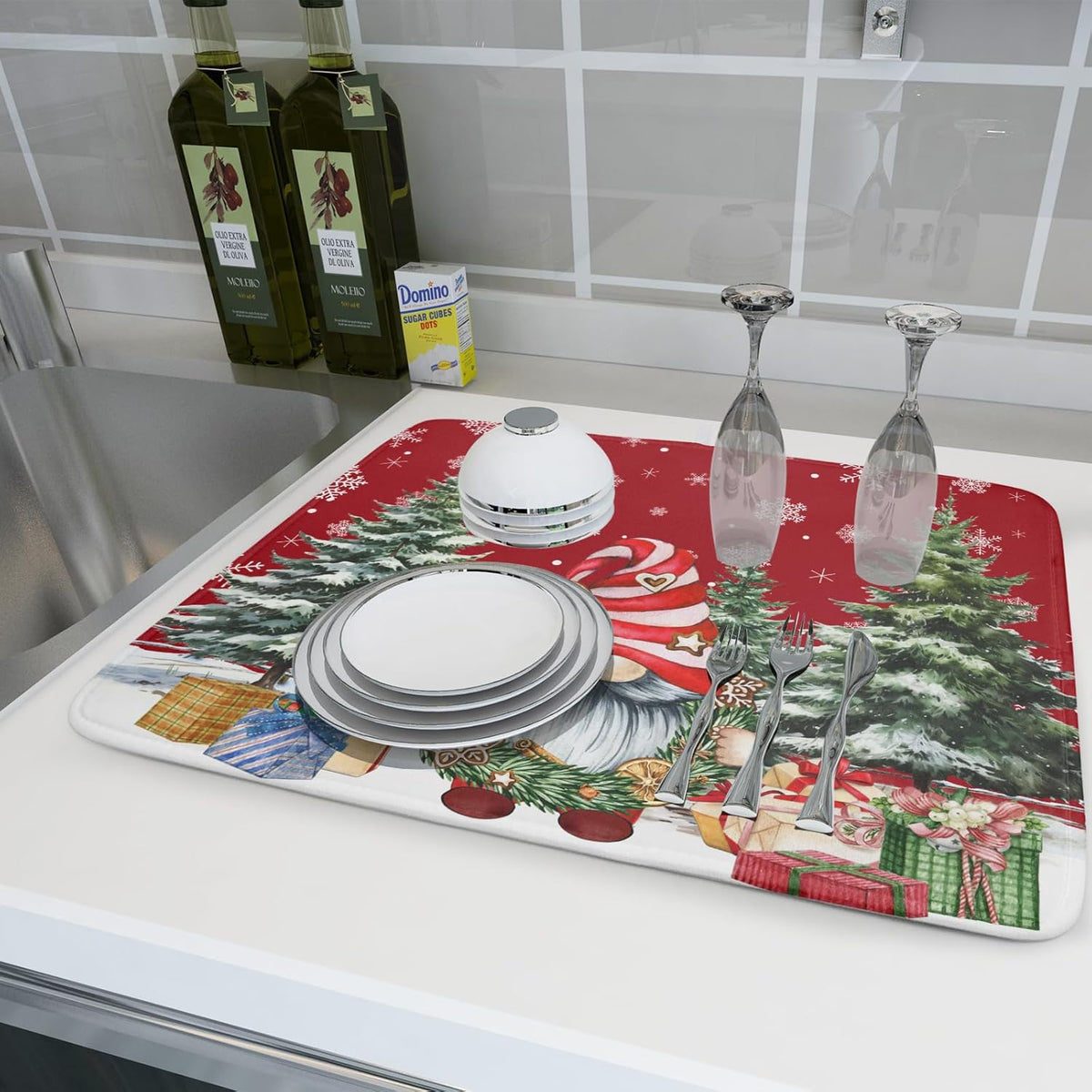 Christmas Dish Drying Mat for Kitchen Counter, Merry Christmas Dish Drying Mat 18 x 24 Inch Xmas
