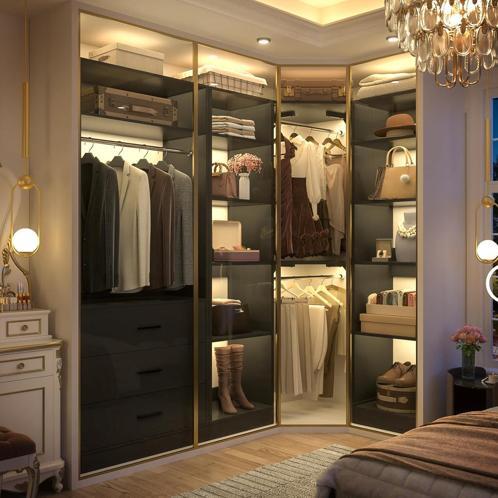 Corner Closet System with 3 Drawers, Corner Closet Organizer System with 13 Shelves & 3 Hanging