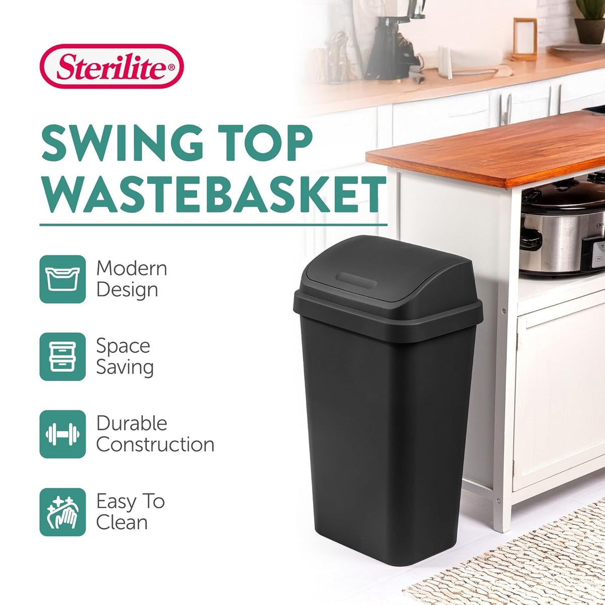 Sterilite 4-Pack Swing Top Wastebasket, Sleek Square Profile Trash Can, 13 Gallon, Black - Modern