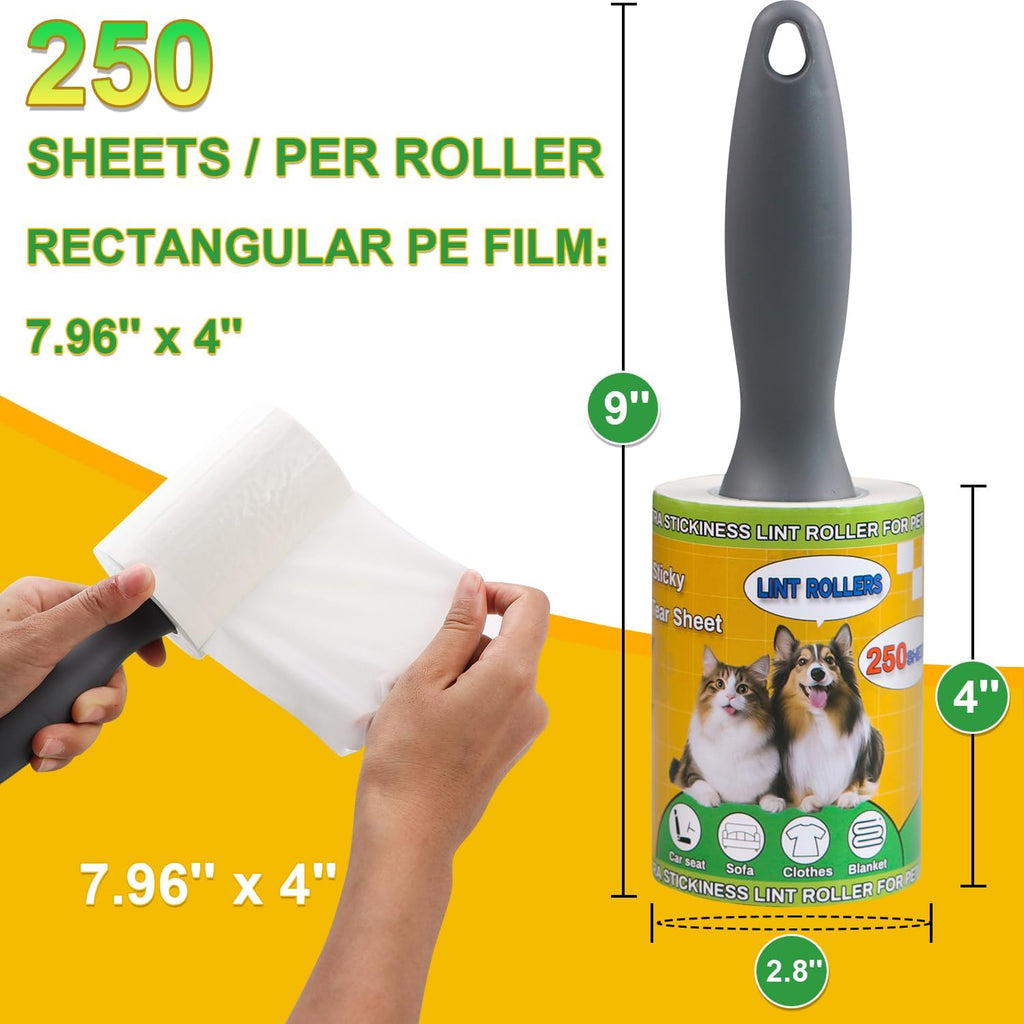Extra Sticky Lint Rollers for Pet Hair, 250 Sheets, Lint Remover for Dog Cat Hair Removal, Animal