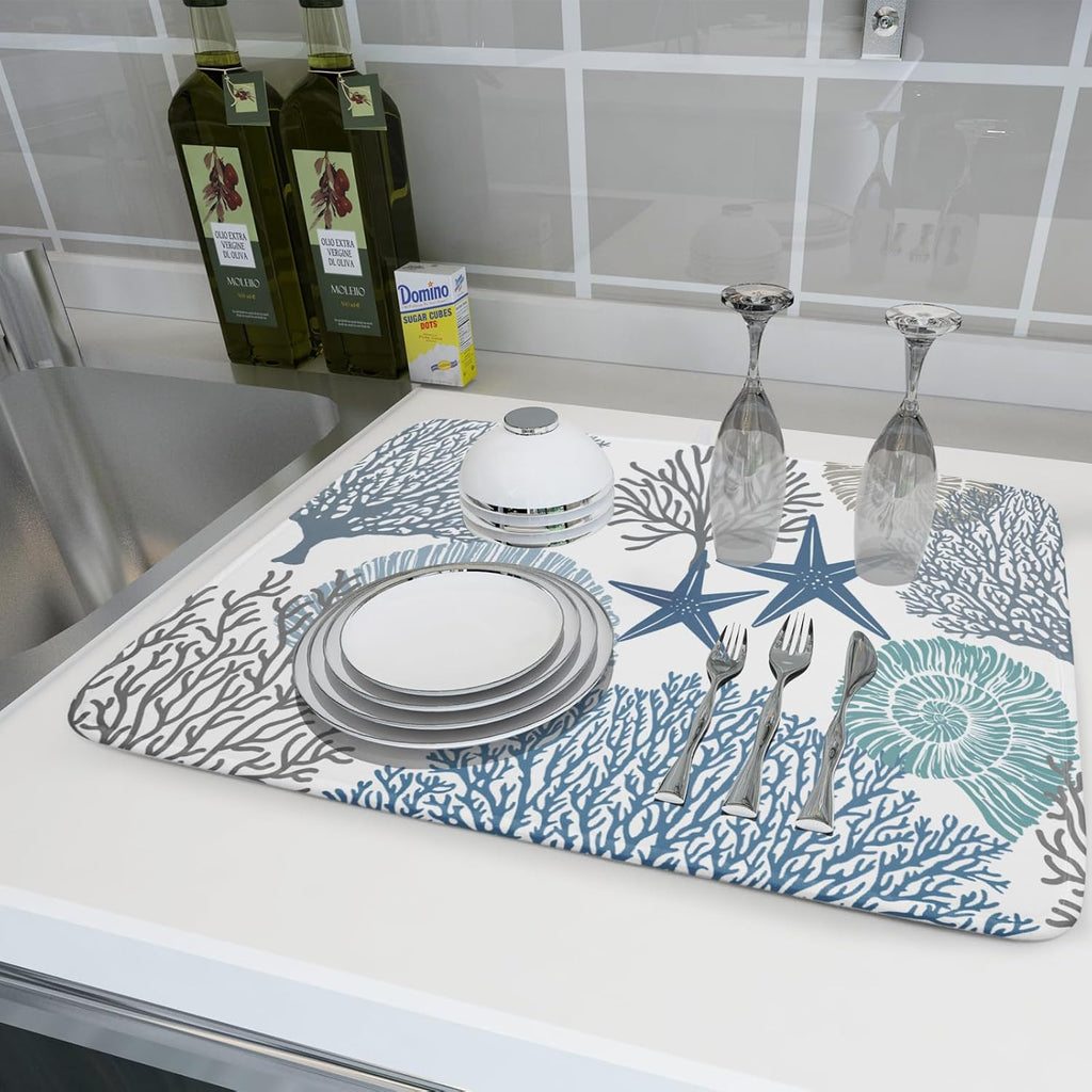 Blue Coral Dish Drying Mat 18x24 Inch Absorbent Reversible Summer Beach Drying Mat Nautical Coastal