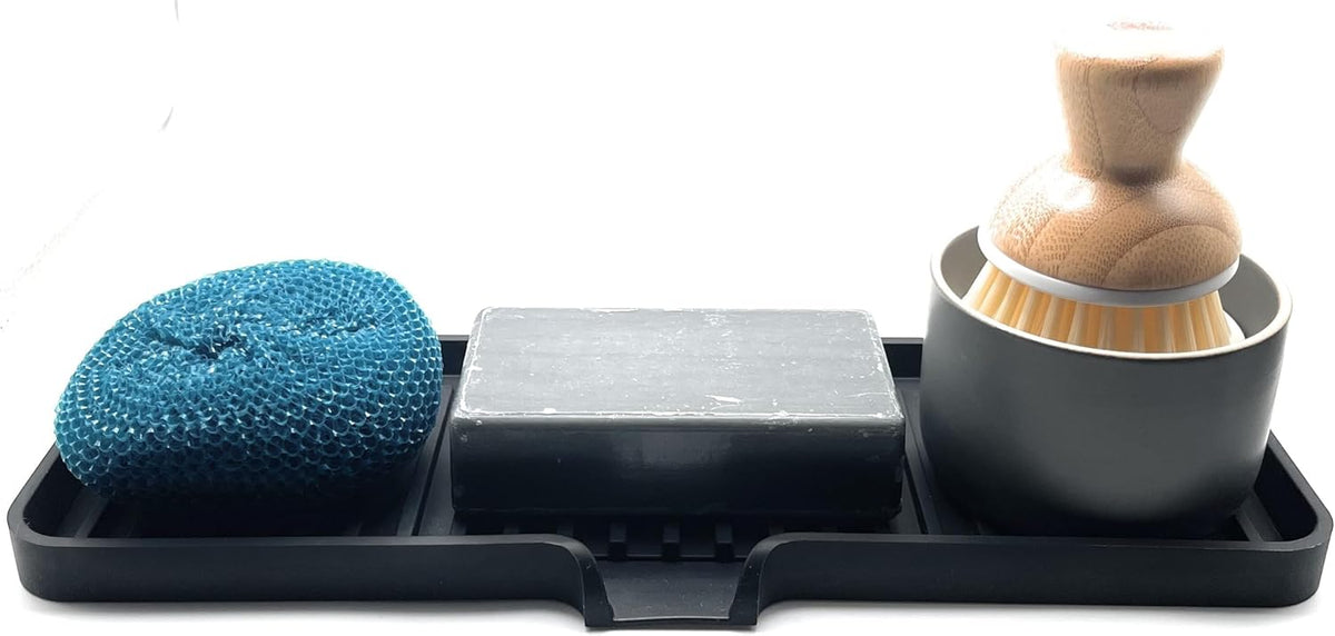Happitasa Silicone Soap Dish Tray and Sponge Holder with Drain Chute | Bathroom and Kitchen Sink